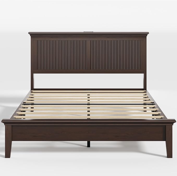 Lifezone Wood Queen Bed, Solid Wood Bed With Tall Headboard, American Vintage Design, Queen Bed With Charging Station & RGB LED, Wood Slats Support, Noise-Free, Sturdy Structure, Easy Assembly, Walnut