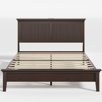 Lifezone Wood Queen Bed, Solid Wood Bed With Tall Headboard, American Vintage Design, Queen Bed With Charging Station & RGB LED, Wood Slats Support, Noise-Free, Sturdy Structure, Easy Assembly, Walnut