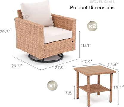 SUNSITT 3-Pieces Patio Furniture Set, Outdoor Wicker Swivel Chairs with Wood Top Side Table & Thick Comfy Cushions, for Porch, Balcony, Deck, Natural Rattan Color