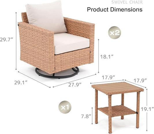 SUNSITT 3-Pieces Patio Furniture Set, Outdoor Wicker Swivel Chairs with Wood Top Side Table & Thick Comfy Cushions, for Porch, Balcony, Deck, Natural Rattan Color