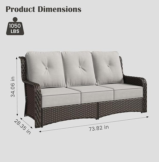 Sundale Outdoor Wicker 3-Seat Patio Sofa, Luxury Outdoor Couch with High Back & Wider Armrests, Patio Furniture with 6-inch Cushions for Yard, Deck, Poolside (Grey)