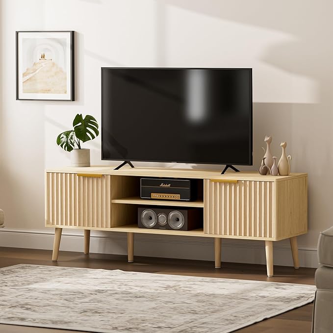 LCRBOL TV Stand with Fluted Doors for TVs up to 65", Modern, Natural | 54.3"W x 15.3"D x 19.6"H, 150 lbs capacity, 2 fluted door cabinets & 2 adjustable shelves, cable holes, 5 tapered legs.