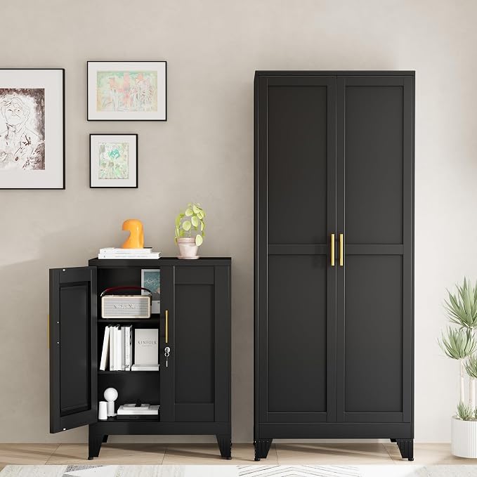 Black Metal Storage Cabinet, 36" Tall Locking Storage Cabinet, 12”D | with 2 Adjustable Shelves, Steel Locker Organizer, Metal Freestanding Buffet Cupboards Sideboard for Office, Home, School,2PS