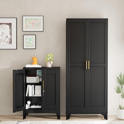 Black Metal Storage Cabinet, 36" Tall Locking Storage Cabinet, 12”D | with 2 Adjustable Shelves, Steel Locker Organizer, Metal Freestanding Buffet Cupboards Sideboard for Office, Home, School,2PS