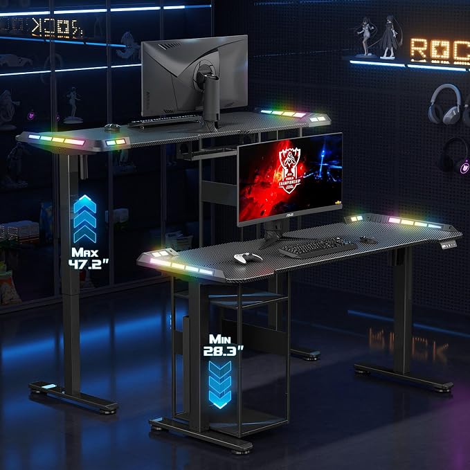 Gaming Standing Desk with LED Lights & Host Shelf, 55" x 24" Gaming Table with Music Sensing APP Control, Underdesk Cable Storage Electric Standing Desk, Black Carbon Fiber PC Table for Home Office