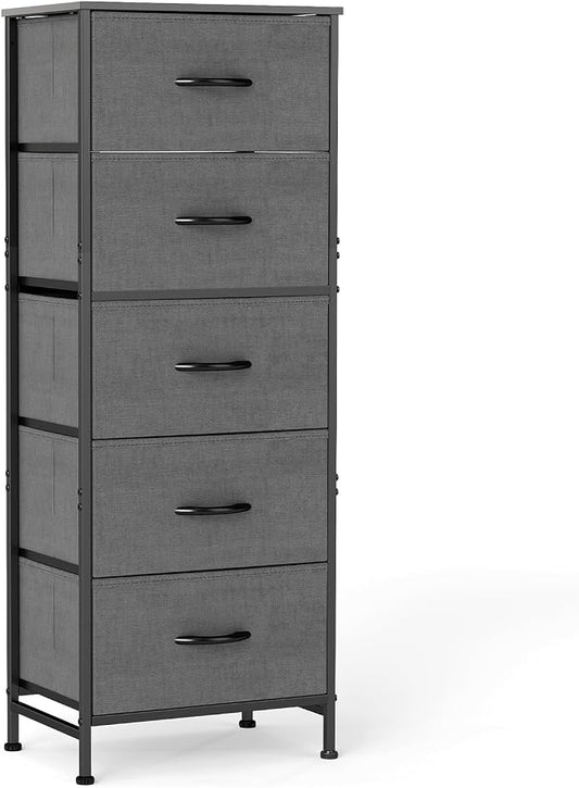 DUMOS Nightstand with 5 Drawers, Bedside Table with Removable Fabric Bins, Sturdy Steel Frame Wood Skinny Dresser Furniture for Bedroom Closet Living Room, Grey