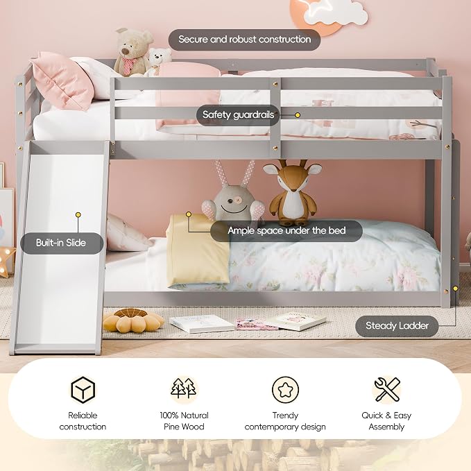 Bunk Bed with Slide, Wooden Bed Frame for Kids, Low Loft Bunk Bed Twin Over Twin with Ladders, Safety Guardrails for Kids, Toddlers, Boys, Girls, Teens, Bedroom (Grey)