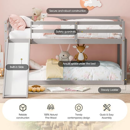 Bunk Bed with Slide, Wooden Bed Frame for Kids, Low Loft Bunk Bed Twin Over Twin with Ladders, Safety Guardrails for Kids, Toddlers, Boys, Girls, Teens, Bedroom (Grey)