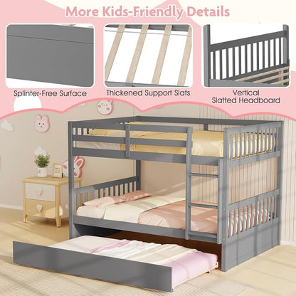 KOMFOTT Wood Full Over Full Bunk Bed with Trundle, Wooden Bed Frame with Ladder, Solid Wood Frame & Safety Guardrails, Space-Saving Bunk Bed for Teens & Adults, No Box Spring Needed