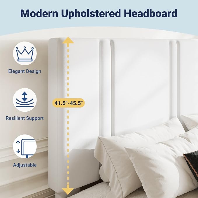 Allewie King Size Platform Bed Frame with Adjustable Headboard, Plush Velvet Upholstered, Vertical Channel Tufted, Sturdy Wooden Slats, No Box Spring Needed, Easy Assembly, White