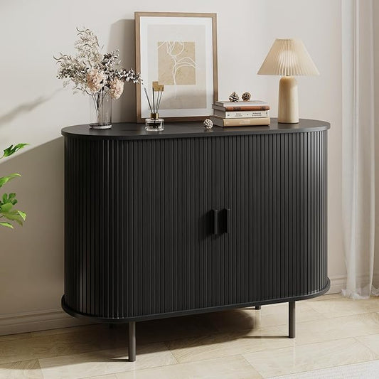 Buffet Sideboard Cabinet with Storage, 40" Fluted Cabinet with Sliding Door & Adjustable Shelf, Modern Accent Coffee Bar Console Table for Kitchen, Entryway, Black