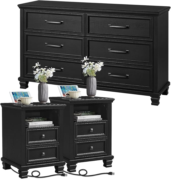 SAVOR LIFE Farmhouse Dresser and Nightstand Sets of 3 Piece, 6 Drawer Dresser and 2 Drawer Nightstand Set, Rustic Wood Bedroom Furniture Set for Home,Hallway,Black