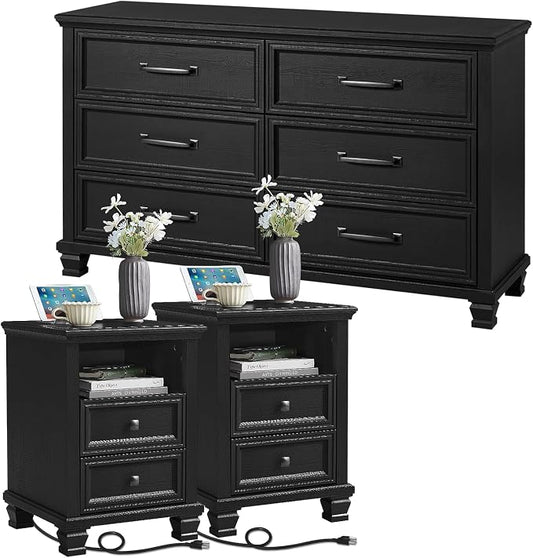 SAVOR LIFE Farmhouse Dresser and Nightstand Sets of 3 Piece, 6 Drawer Dresser and 2 Drawer Nightstand Set, Rustic Wood Bedroom Furniture Set for Home,Hallway,Black