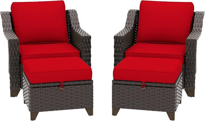 4 Pieces Patio Conversation Furniture Set - 2 Chairs with Ottomans Set of 2, Outdoor Wicker Armchairs with Water-Resistant and Washable Cushions for Porch, Balcony, Sunroom (Red)