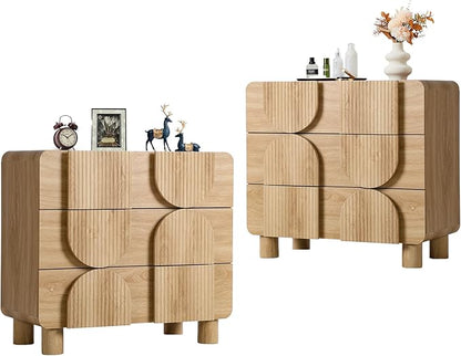 Janmer Home 3 Drawer Dressers for Bedroom, 31.5" Wide Large Mid Century Modern Fluted Nightstand 2 Sets, Wood Dresser & Chest of Drawers with Curved Profile for Living Room, Entryway, Hallway Natural