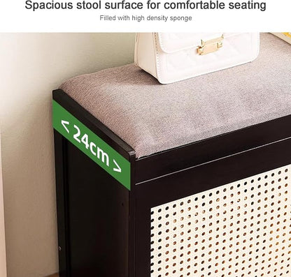 Entryway Storage Bench with Cushioned Seat Shoe Rack, 2-Tier Wooden Shoe Organizer Cabinet for Closet, Entryway, Hallway, Bedroom