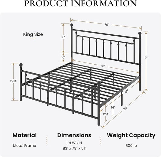 SHA CERLIN 14" King Size Metal Platform Bed Frame/Victorian Headboard and Footboard/Steel Slats Mattress Foundation for Storage/No Box Spring Needed/Noise Free/Black