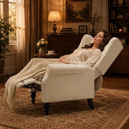 Mid Century Wingback Recliner Chair for Adults, Modern Linen Fabric Push Back Recliner Chairs with Button Tufted Upholstered Back & Footrest, Manual Recliner Chais for Living Room, Nursery, Beige