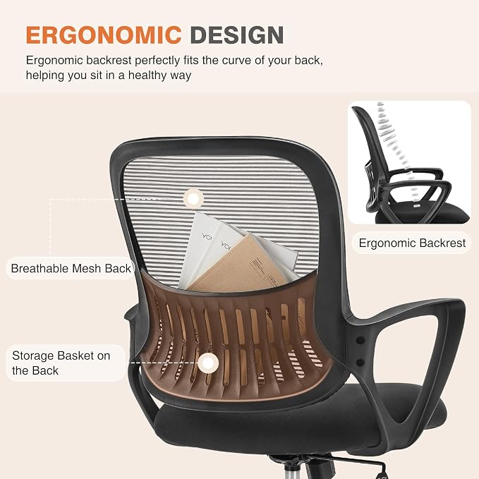 Sweetcrispy Home Office Managerial Executive Chair with Ergonomic Design, Mid-Back Mesh Swivel, Comfortable Lumbar Support, Comfy Arms for Bedroom,Study,Student, Black