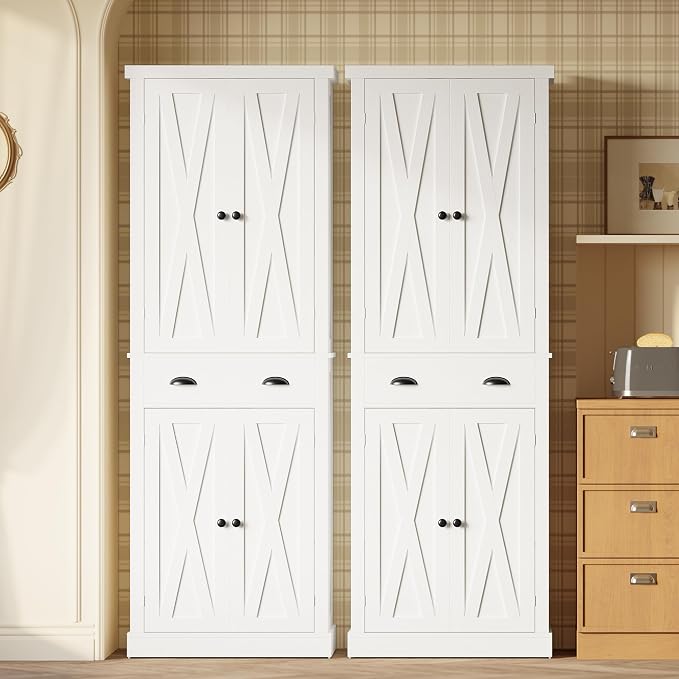IRONCK Kitchen Pantry Storage Cabinet 72.6" H x 24" W, with Barn Doors, Drawer, 4 Adjustable Shelves, Freestanding Cupboard, Laundry, White
