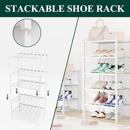 Smiry Small Bamboo Shoe Rack, 2 Tier Free Standing Wooden Shoe Organizer, Stackable Wood Shoe Storage Shelf for Closet, Entryway, 12 Vertical Slats, One-piece Standard Legs, 17.3"x11"x13", White