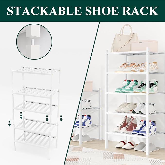 Smiry Small Bamboo Shoe Rack, 6 Tier Free Standing Wooden Shoe Organizer, Stackable Wood Shoe Storage Shelf for Closet, Entryway, 12 Vertical Slats, 2+2+2 Stack Standard Legs, 17.3"x11"x39", White