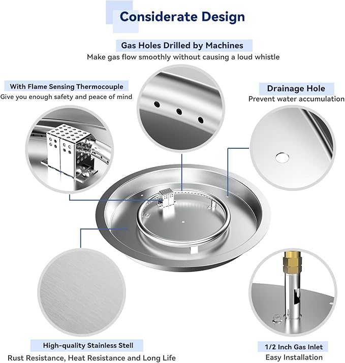 Skyflame 19" Round Stainless Steel Fire Pit Drop-in Burner Kit with Flame Sensing, Electronic Spark Ignition, Propane Regulator Connector Hose Set for Propane Tank