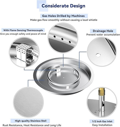 Skyflame 19" Round Stainless Steel Fire Pit Drop-in Burner Kit with Flame Sensing, Electronic Spark Ignition, Propane Regulator Connector Hose Set for Propane Tank