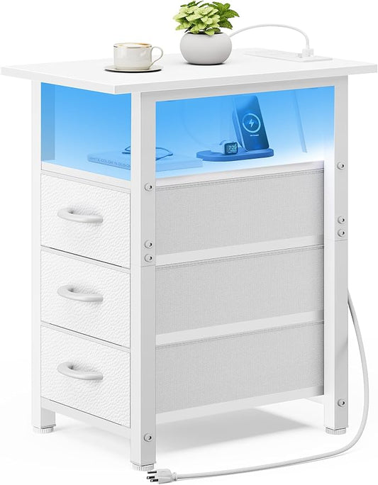 Vagusicc White Nightstand with Charging Station and LED Lights, Narrow End Table, LED Nightstand with 3 Fabric Drawers for Bedroom, Small Bedside Table, Narrow Side Table for Small Spaces, White