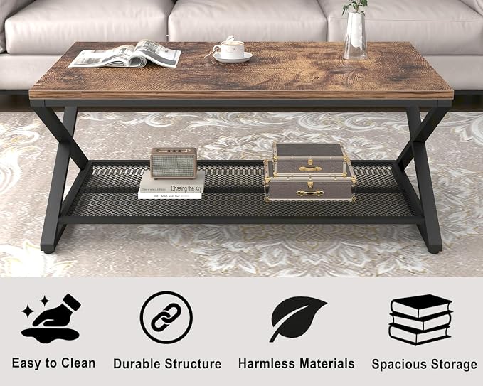 LVB Rustic Coffee Table, Industrial Metal Wood 2 Tier Cocktail Tea Table with Storage for Living Room, Farmhouse Wooden Rectangle Center Table with Mesh Shelf for Office Bedroom, 39 inch, Rustic Brown