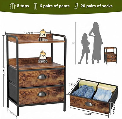 Night Stand Set 2, Nightstand with 2 Fabric Drawer, End Table with Open Shelf, Bedside Table Side Table with Wooden Top for Bedroom, Rustic Brown
