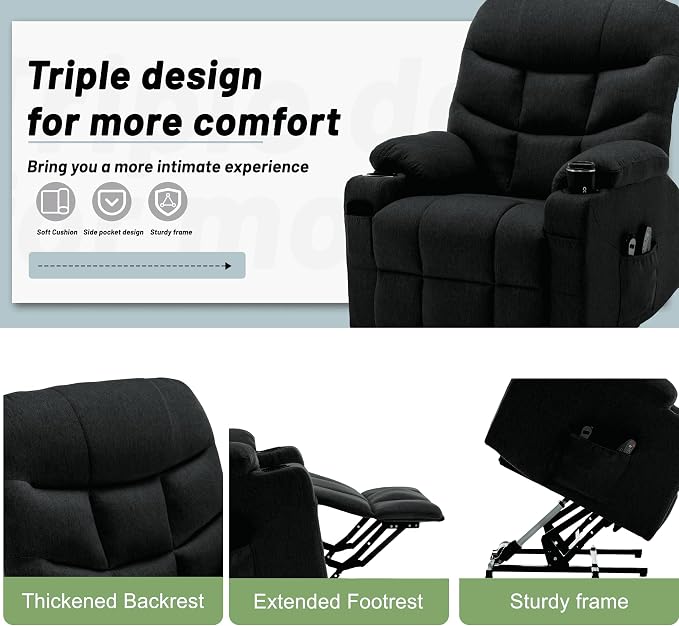 Korser Power Recliner Chair with Massage and Heating, Electric Recliner Chair for Elderly and Adults, Power Lift Recliner with Remote Control and Cup Holders for Living Room, Linen Fabric, Black