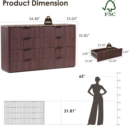 Dresser for Bedroom with 8 Drawers, 54"W Chest of Drawers, Fluted Dresser with Faux Marble Top, Curved Profile Design, Metal Handle, Wood Closet Storage Organizer for Living Room, Hallway, Dark Oak