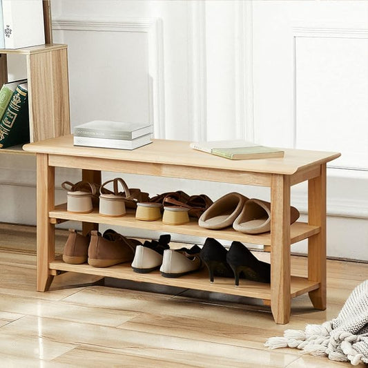 Dewfig Shoe Rack Bench, 3-Tier Shoe Shelf Organizer,6-Pairs Entryway Storage Bench for Hallway, Bedroom, Living Room, Bedroom, Hold up to 550 lbs, Solid Wood, Natural