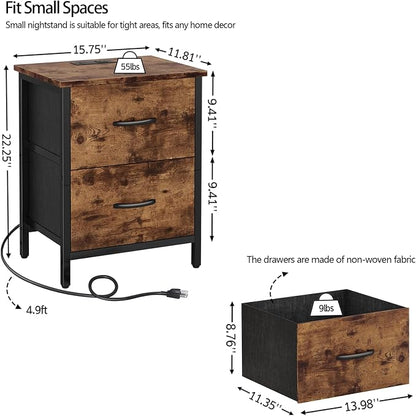Vagusicc Nightstand with Charging Station, Bedside Table with USB Ports and Outlet, End Table Side Table with 2 Fabric Drawers for Bedroom, Living Room, Rustic Brown