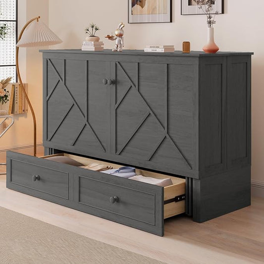 CECER Slate Grey Murphy Bed Cabinet with Mattress, Space-Saving Folding Bed