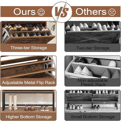 Shoe Cabinet Storage for Entryway, 3 Layers Shoe Cabinet with 2 Flip Drawers, Metal Legs Shoe Storage, Adjustable Shoe Rack Cabinet