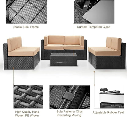 U-MAX 7 Piece Outdoor Patio Furniture Set, PE Rattan Patio Wicker Sectional Furniture Chair Set with Cushions and Tea Table, (Black Rattan&Beige Cushion)