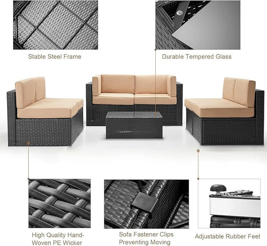 U-MAX 7 Piece Outdoor Patio Furniture Set, PE Rattan Patio Wicker Sectional Furniture Chair Set with Cushions and Tea Table, (Black Rattan&Beige Cushion)