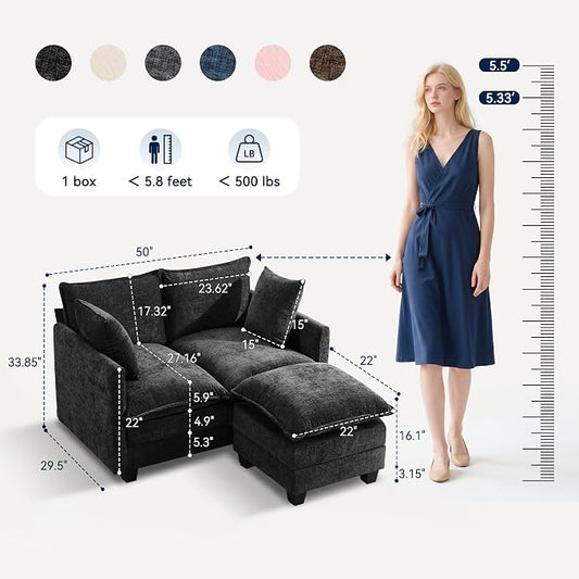 L-Shape Loveseat Sofa Couch with Ottoman, Small 50" Love Seat 27" Deep Cloud Sofa Washable Chenille Pillow for Apartment Bedroom Dorm Attic Studio Office Living Room Small Space 8833-BLACK-L
