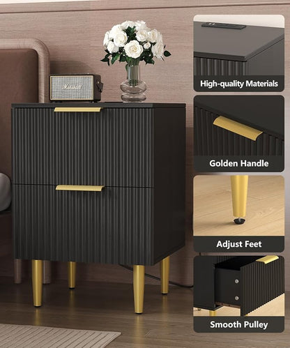 Akxomel Black Nightstand Set of 2, Fluted Night Stand with Charging Station, 13.8" D x 15" W x 23.2" H, 2 Drawers Modern Bedside Table with USB Ports and Outlets, Golden Side Table for Bedroom