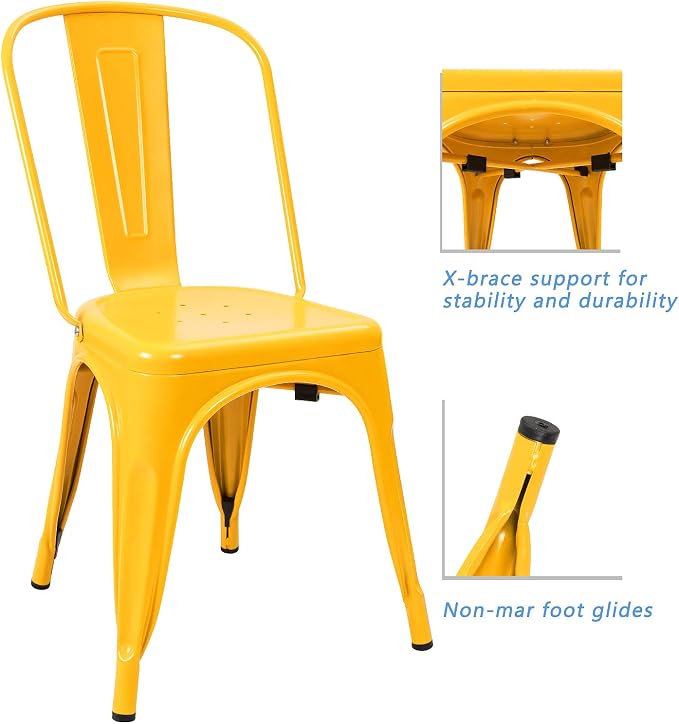 Devoko Metal Indoor-Outdoor Chairs Distressed Style Kitchen Dining Chairs Stackable Side Chair with Back Set of 4 (Yellow)