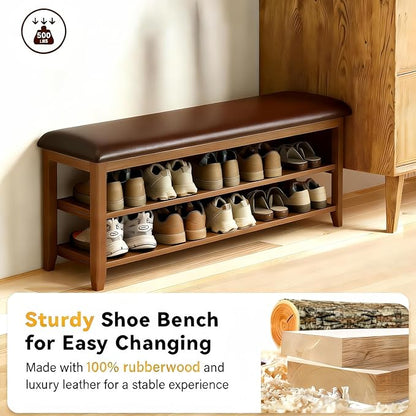 Shoe Bench Storage with Leather Cushion, Rustic Solid Wood Entryway Bench with 2 Height-Adjustable and Removable Shelves for Hallway, Living Room, Mudrooms (Dark Brown,39.4")