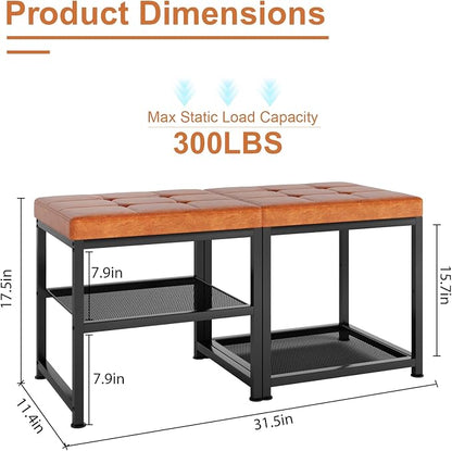 DreamDashio Set of 2 Small Shoe Storage Benches with PU Leather Cushion, 3-Tier Shoe Rack Organizer for Entryway, Metal Mesh Shelves, Holds Up to 300 lbs, Brown (31.5"x11.4"x17.5")