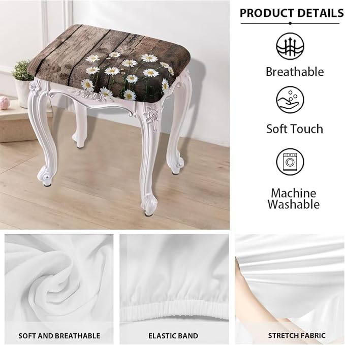 Bar Stools Covers Set of 2 Daisy Wood Print Vanity Chair Cover Stretch Bar Stool Chair Covers Stool Covers Rectangular 2 Pack Washable Saddle Bar Stool Slipcover Bench Seat Protector
