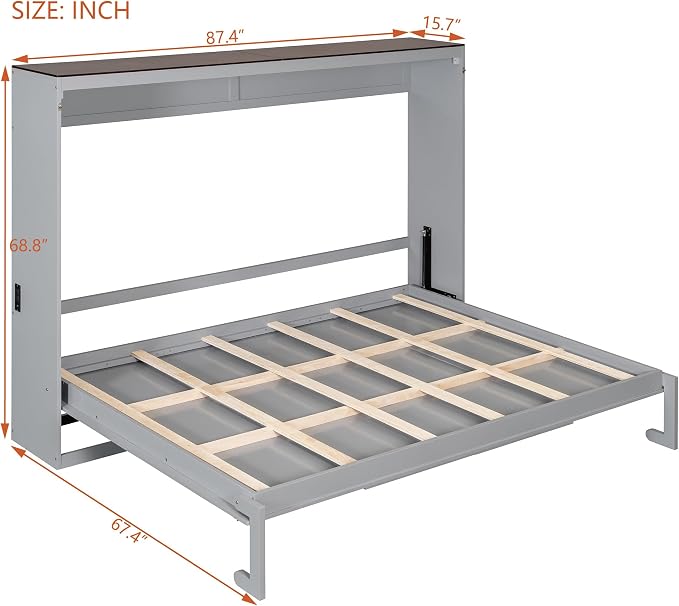 Virubi Queen Horizontal Murphy Bed with USB Charging Station,Wood Farmhouse Murphy Wall Bed Cabinet with Slats,Foldable Space-Saving for Guest Room, Home Office (Gray,Queen)