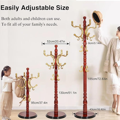 Wooden Coat Rack Freestanding, Hall Tree Hanger With Resin Hooks, Adjustable Heavy Duty Coat Rack for Hanging Clothes Bags Hats in Living Room Bedroom (coat rack, Round Base-Begonia Color)