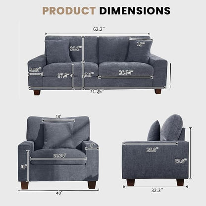 DOPEDIO Modern Living Room Sofa Set, 71.25" Chenille Loveseat with 2 Accent Chairs, Removable Covers, Spring Cushions, Solid Wood Frame, Easy Assembly（71.25inch+2 Single,Blue）