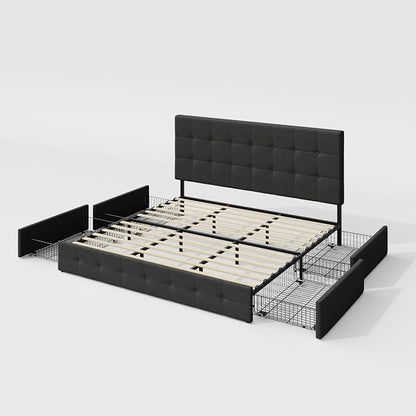 Allewie Upholstered King Size Platform Bed Frame with 4 Storage Drawers and Headboard, Square Stitched Button Tufted, Mattress Foundation with Wooden Slats Support, No Box Spring Needed, Dark Grey