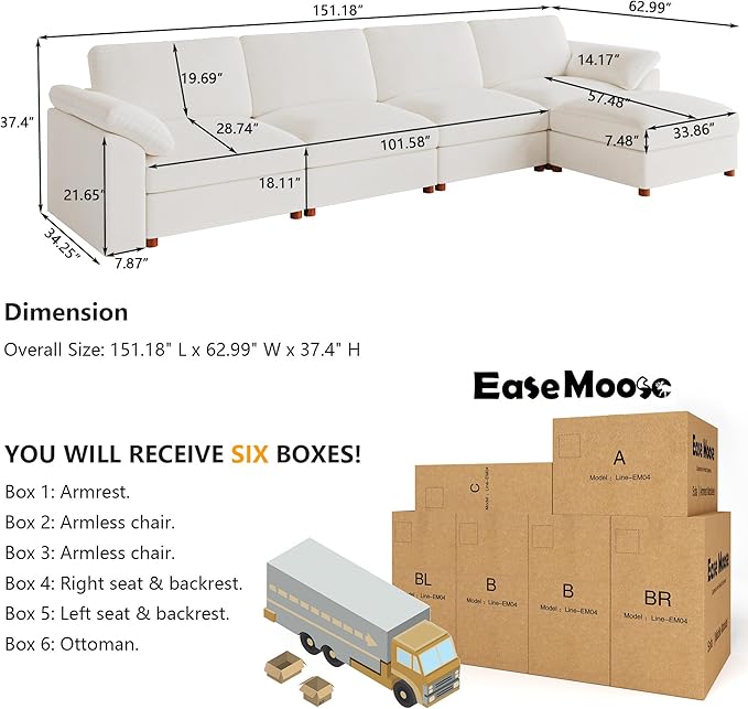 EASE MOOSE Extra Large Modular Sectional Sofa,Modern Oversized L Shape Sectional Couch,Comfty Deep Seat Modular Sofa with Ottoman,White